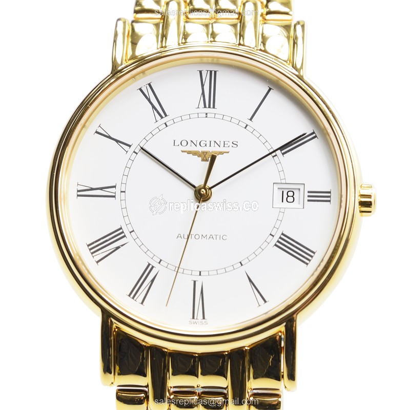 Luxurious Longines Presence Replica in White Dial & PVD Gold Case Watch
