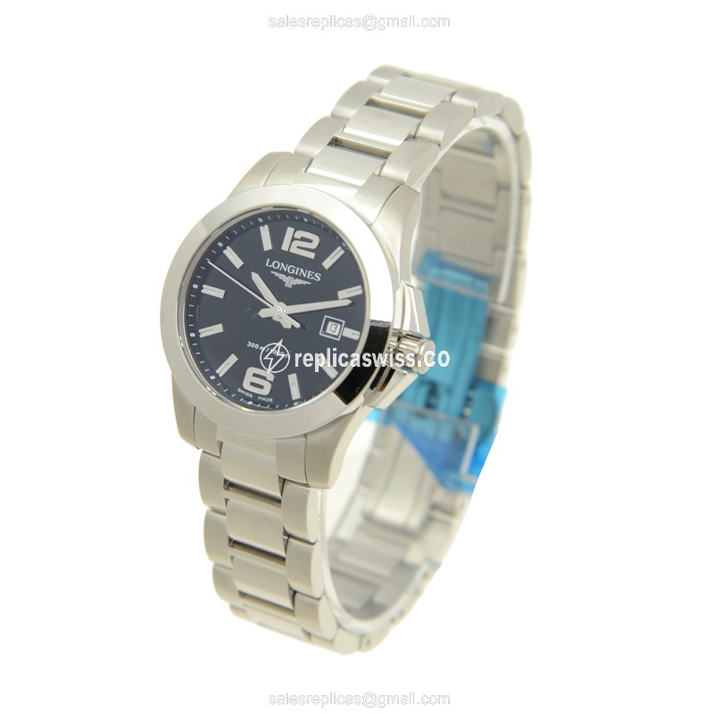 Elegant Longines Conquest Quartz Replica, Black Dial & Stainless Steel Case Watch - view 2