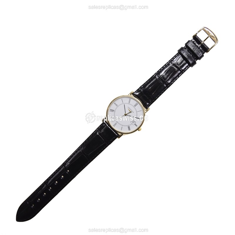 Elegant Longines Presence Replica in 18kt Gold, White Dial, Alligator Strap Watch - view 2