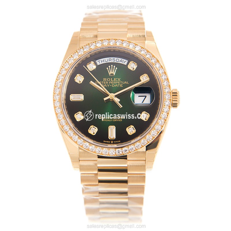 Elegant Rolex 128348RBR-0035 DAY-DATE Replica in 18kt Gold with Green Dial Automatic Movement - view 2