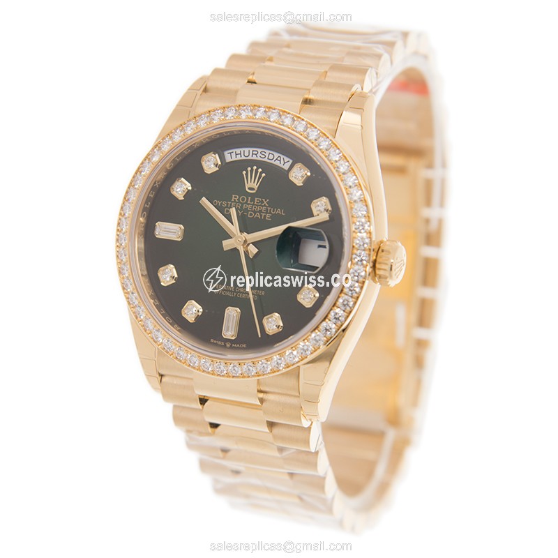 Elegant Rolex 128348RBR-0035 DAY-DATE Replica in 18kt Gold with Green Dial Automatic Movement - view 3