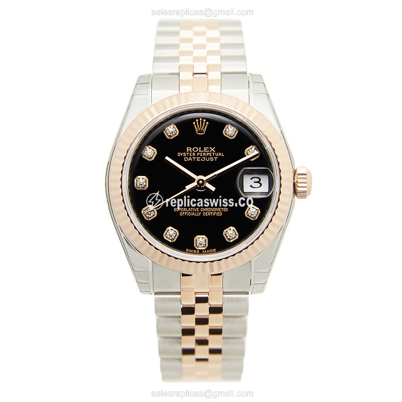 Elegant Rolex Lady Datejust Replica in 18kt Gold Black, Automatic Movement Crystal Bezel - view 2