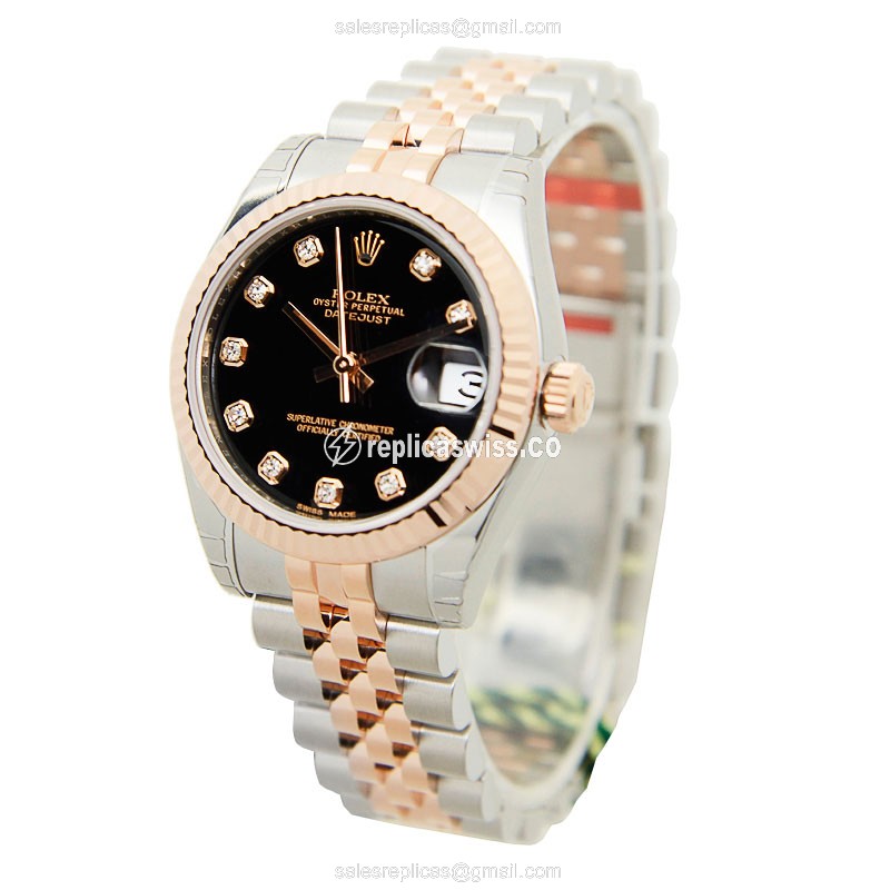 Elegant Rolex Lady Datejust Replica in 18kt Gold Black, Automatic Movement Crystal Bezel - view 3