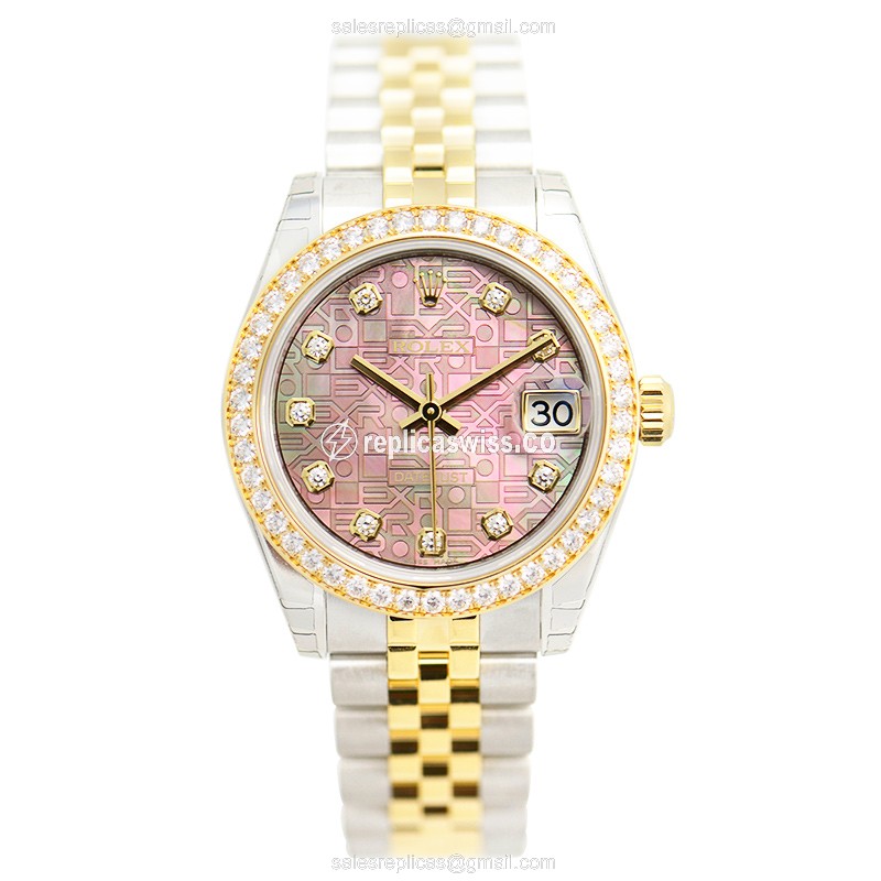 Glamorous Pink Dial Lady Datejust Replica by Rolex, Automatic Movement, 18kt Gold Case Watch - view 2