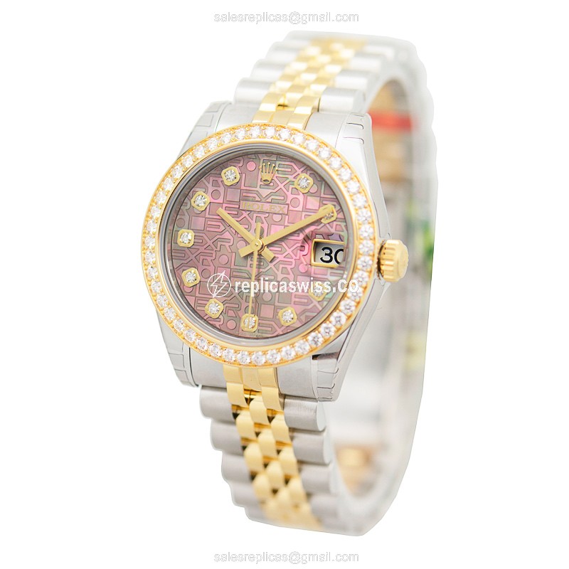 Glamorous Pink Dial Lady Datejust Replica by Rolex, Automatic Movement, 18kt Gold Case Watch - view 3
