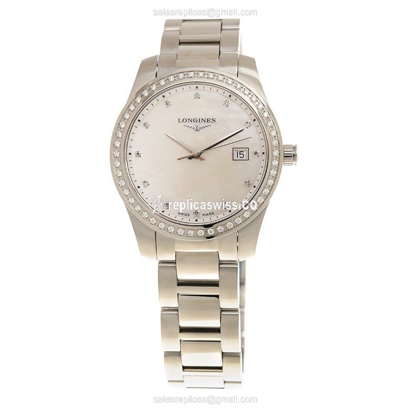 Longines Conquest L3.401.0.87.6 Replica | White Dial, Stainless Steel Case & Diamond Bezels Watch - view 2