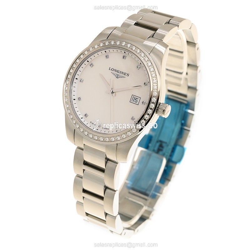 Longines Conquest L3.401.0.87.6 Replica | White Dial, Stainless Steel Case & Diamond Bezels Watch - view 3
