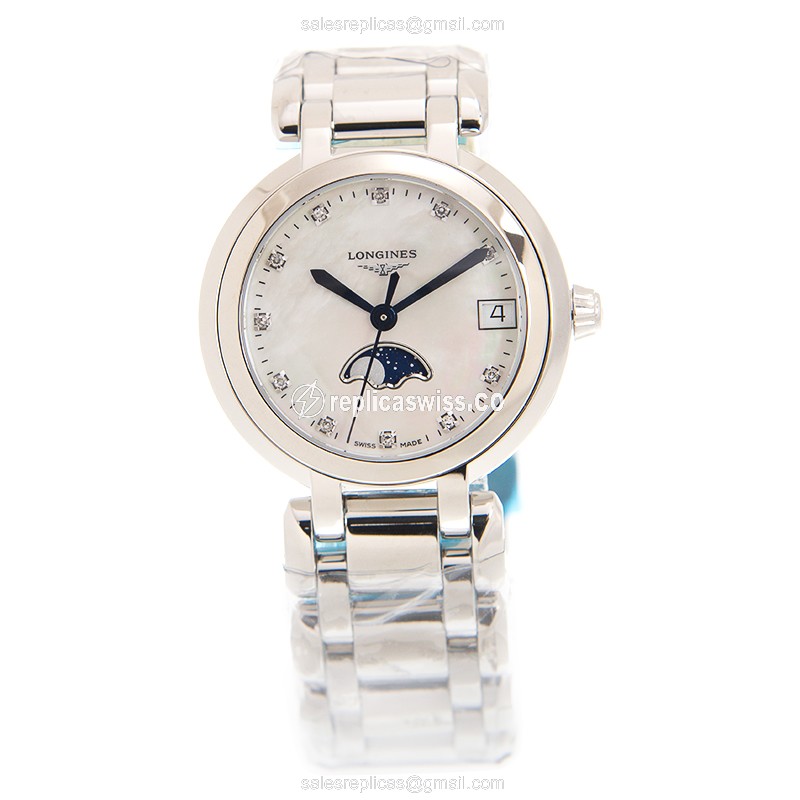 Longines Prima Luna Replica in Stainless Steel Case & White Dial, Quartz Movement Watch - view 2