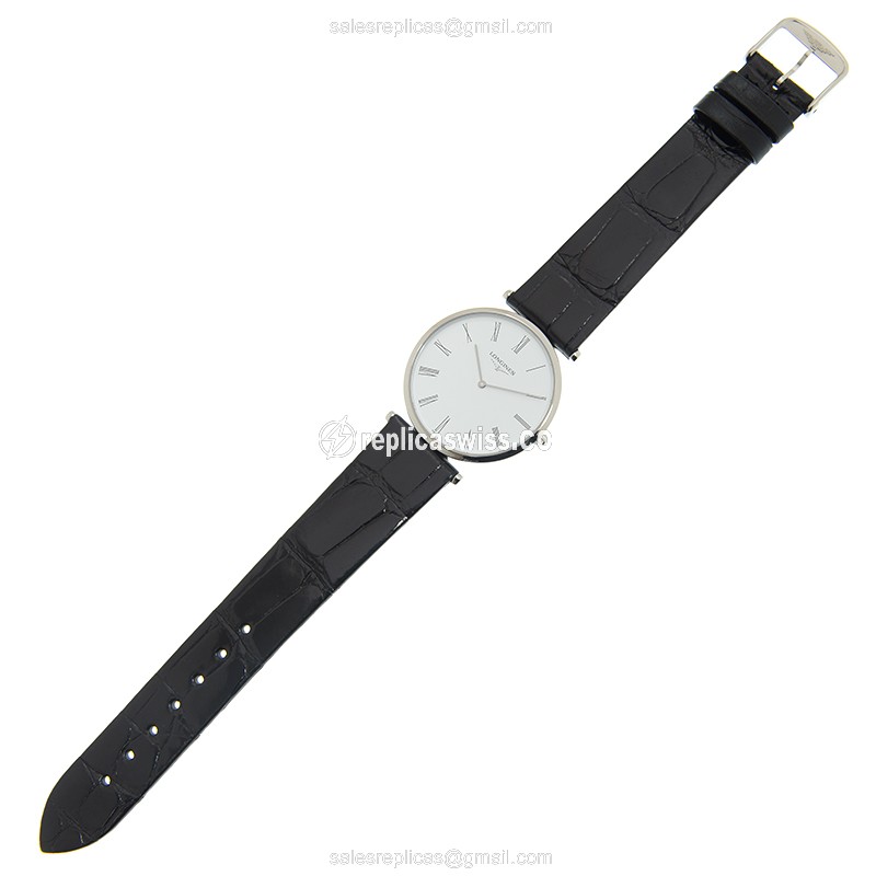Lustrous Longines L4.709.4.21.2 Grand Quartz Replica, White Dial & Leather Strap, Polished Steel - view 2