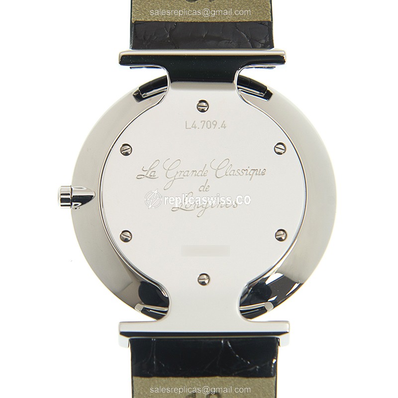 Lustrous Longines L4.709.4.21.2 Grand Quartz Replica, White Dial & Leather Strap, Polished Steel - view 3