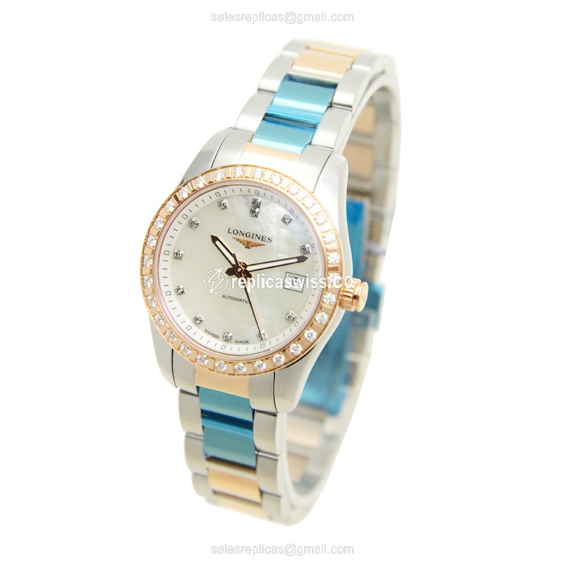 Luxurious Longines Conquest Replica in 18kt Rose Gold & Steel, Automatic Movement & White Dial Watch - view 3