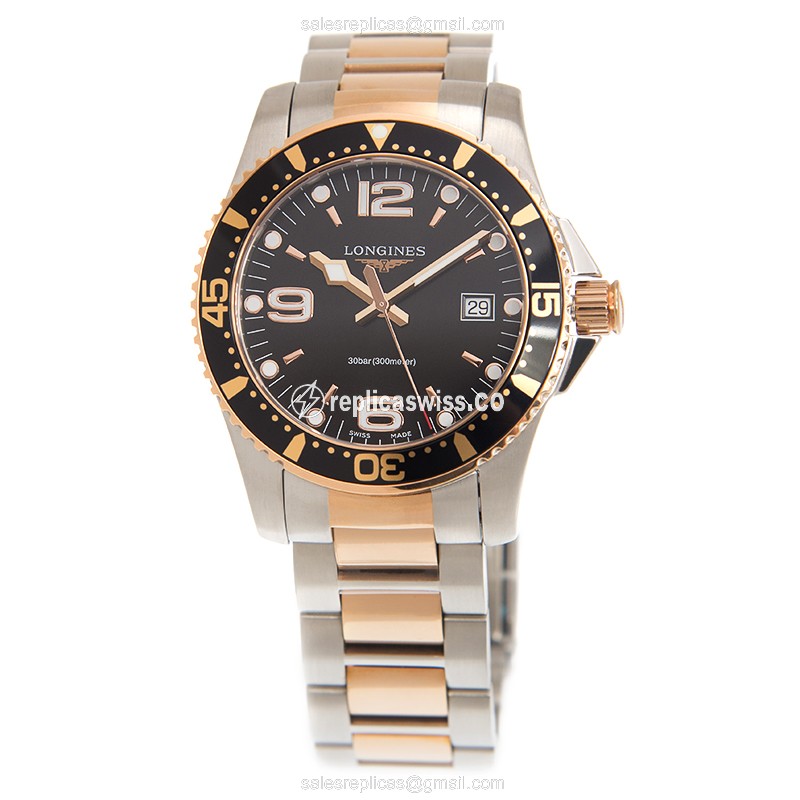 Luxurious Longines Conquest Replica in 18kt Rose Gold & Steel, Black Dial & Quartz Movement Watch - view 2