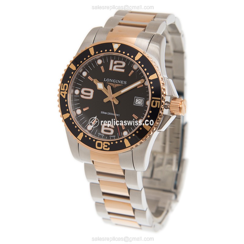 Luxurious Longines Conquest Replica in 18kt Rose Gold & Steel, Black Dial & Quartz Movement Watch - view 3