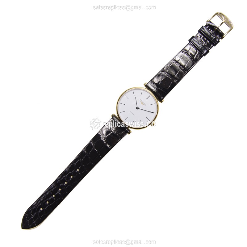 Luxurious Longines L4.708.2.12.2 LA GRANDE Automatic Gold Replica with White Dial & Black Alligator - view 2