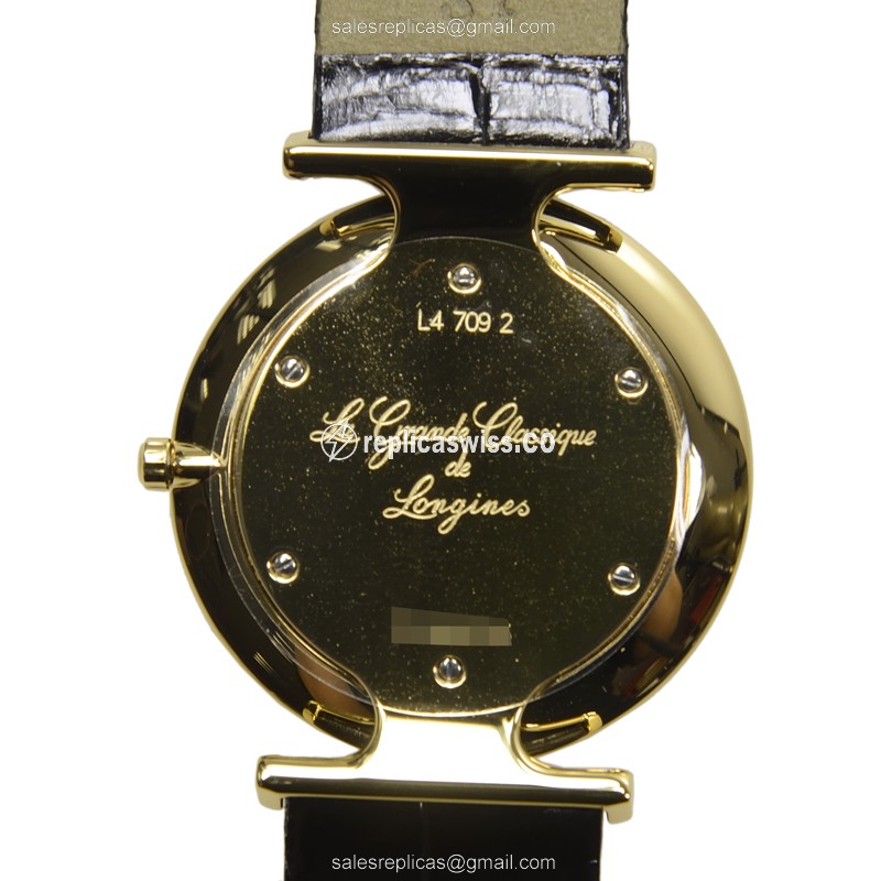 Luxurious Longines L4.709.2.12.2 LA GRANDE Quartz Replica in PVD Gold with White Dial Alligator - view 3