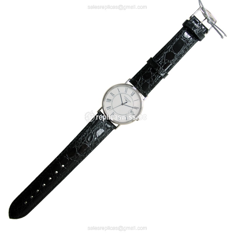 Luxurious Longines Presence Replica in Stainless Steel Case with White Dial Black Alligator - view 2