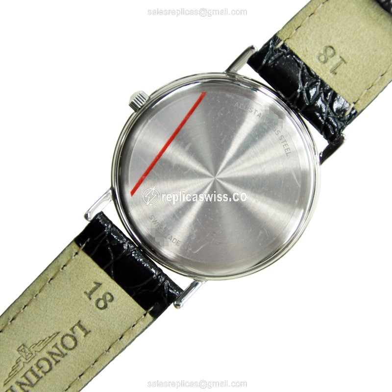 Luxurious Longines Presence Replica in Stainless Steel Case with White Dial Black Alligator - view 4