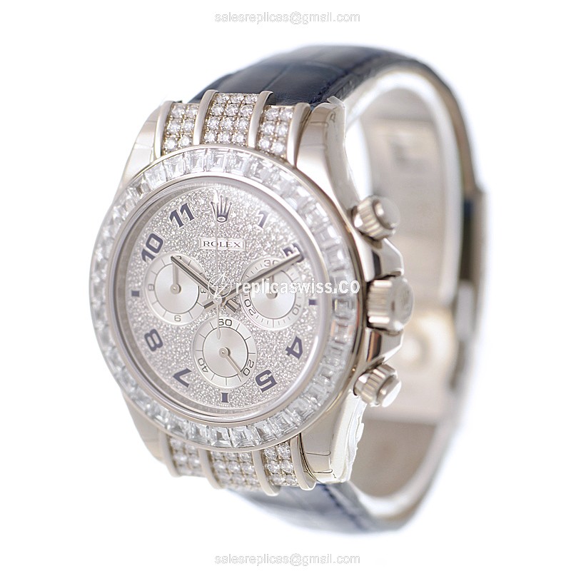 Luxury Rolex Daytona 116599TBR Replica in 18kt White Gold with Silver Dial & Blue Alligator Strap - view 3