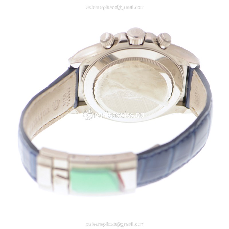 Luxury Rolex Daytona 116599TBR Replica in 18kt White Gold with Silver Dial & Blue Alligator Strap - view 4
