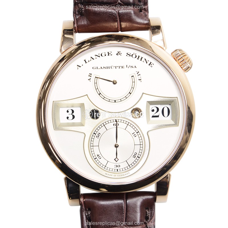 A Lange & Sohne 140.032 OWL Series Manual Wind 18kt Gold Timepiece with Silver Dial & Brown