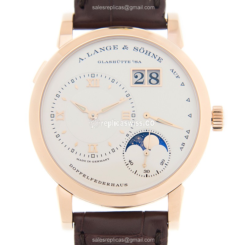 A Lange & Sohne Lange 1 Automatic Gold Replica, White Dial, Alligator Brown Strap Watch
