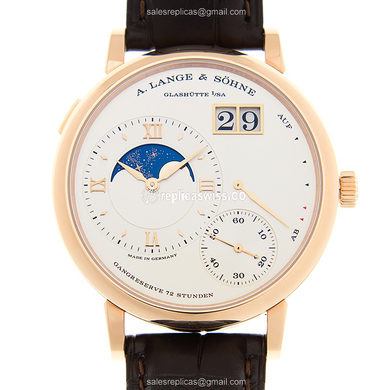 A Lange & Sohne LANGE 1 Manual Wind Replica in 18kt Gold, White Dial & Brown Alligator Strap Watch