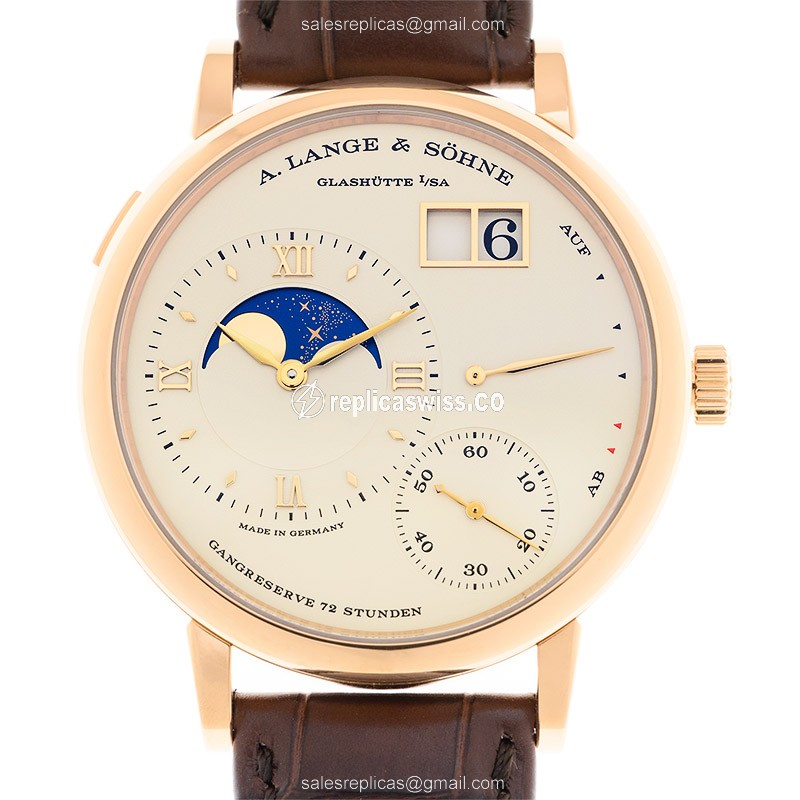 A Lange & Sohne LANGE 1 Manual Wind Replica in 18kt Gold with Silver Dial Alligator Brown Strap