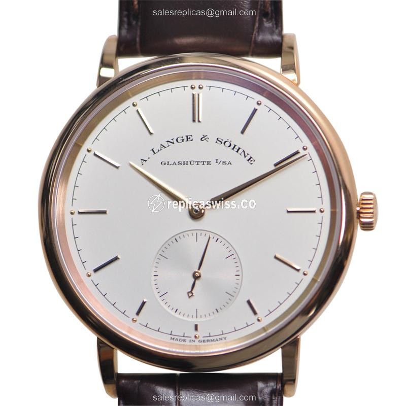 A Lange & Sohne SAXONIA Automatic Gold Replica | White Dial, Alligator Brown Strap Watch
