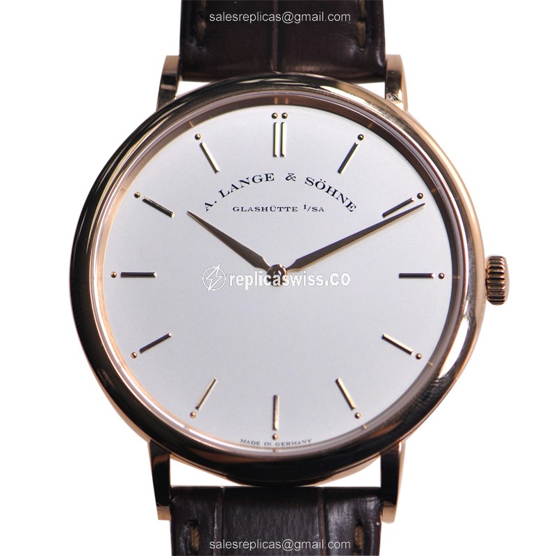 A Lange & Sohne SAXONIA Manual Wind — 18kt Gold Case, White Dial, Brown Alligator Strap Watch
