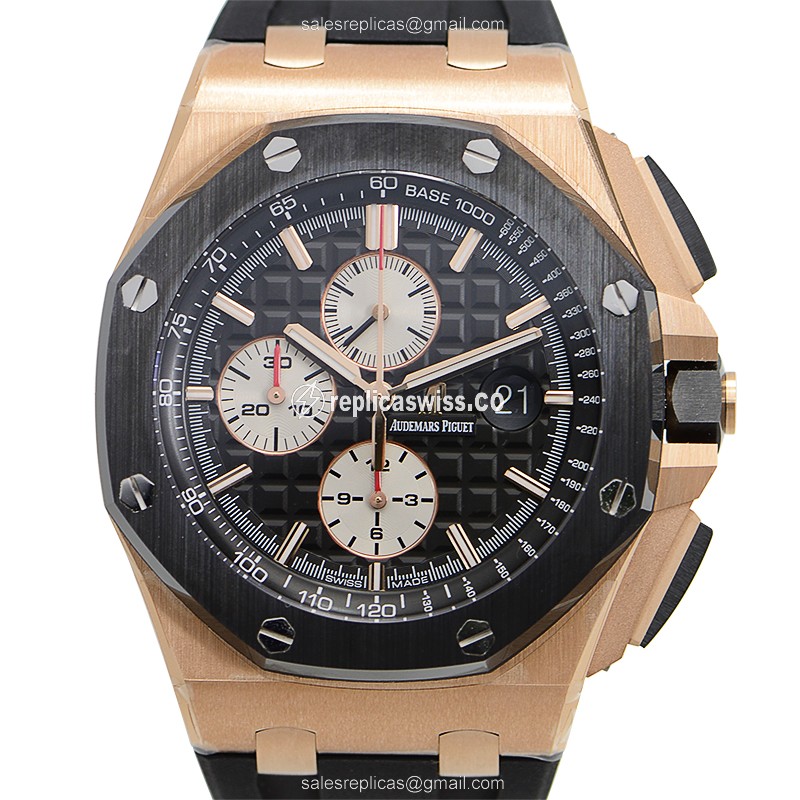 Audemars Piguet RO Royal Oak Offshore Black Dial Automatic Gold Watch with Rubber Strap