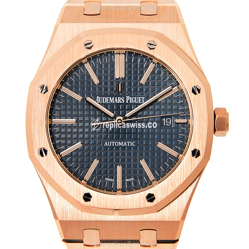 Audemars Piguet Royal Oak Auto Gold Case Blue Dial Watch with 18kt Gold Strap Sapphire Crystal