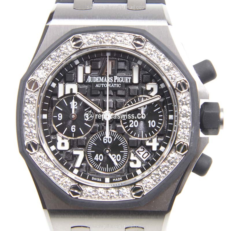 Audemars Piguet Royal Oak Offshore Replica, Automatic Movement, Black Diamond Dial & Rubber Strap