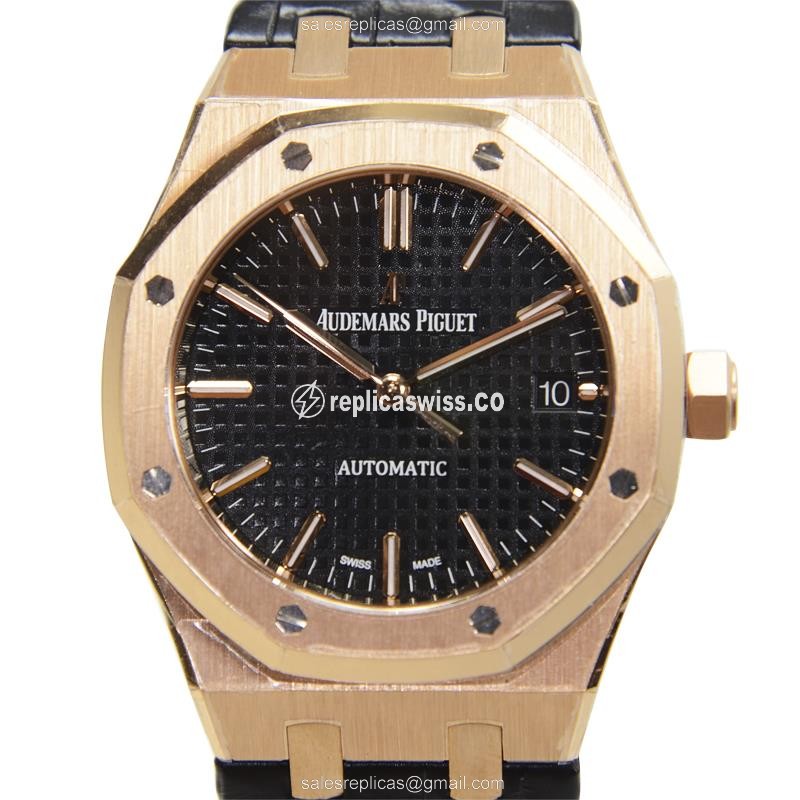 Audemars Piguet ROYAL OAK Replica in 18kt Gold, Automatic Movement & Black Alligator Strap Watch
