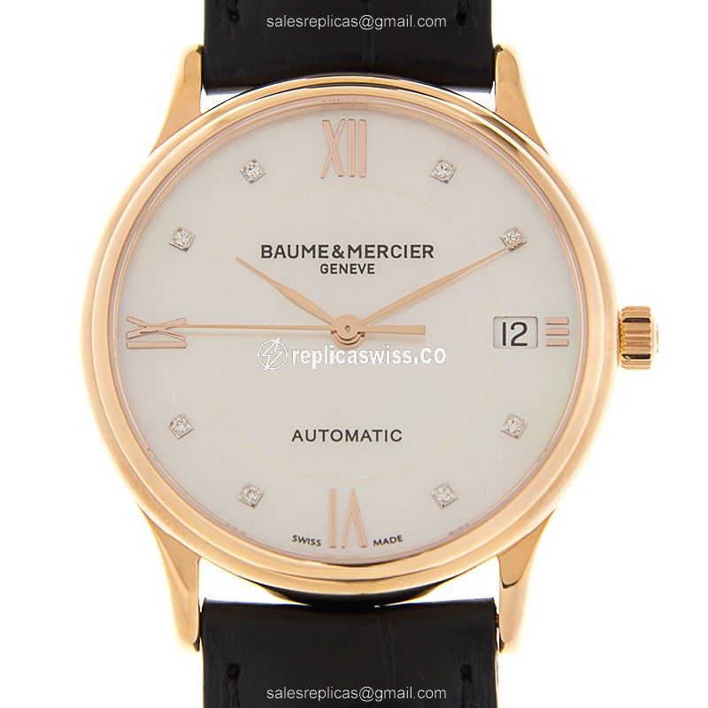 Baume & Mercier CLASSIMA Automatic Gold Replica, White Dial, Black Alligator Strap Watch