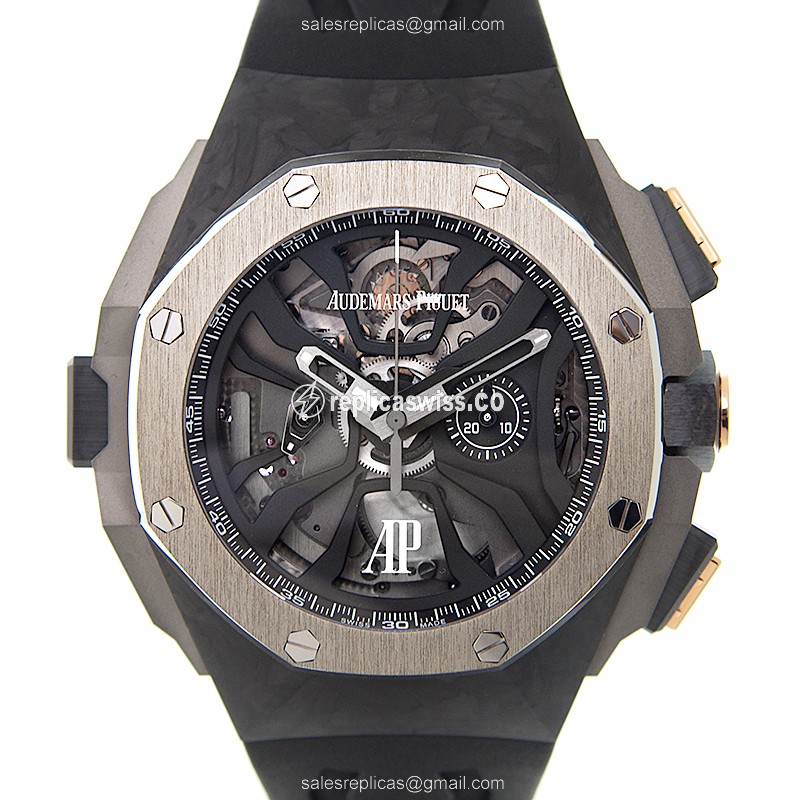 Black Carbon Dial Audemars Piguet ROYAL OAK Replica, Manual Wind Movement, Rubber Strap Watch