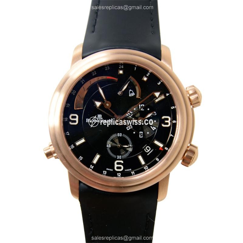 Black-Dial Blancpain LEMAN Replica Automatic Watch, 18kt Rose Gold Case, Leather Strap