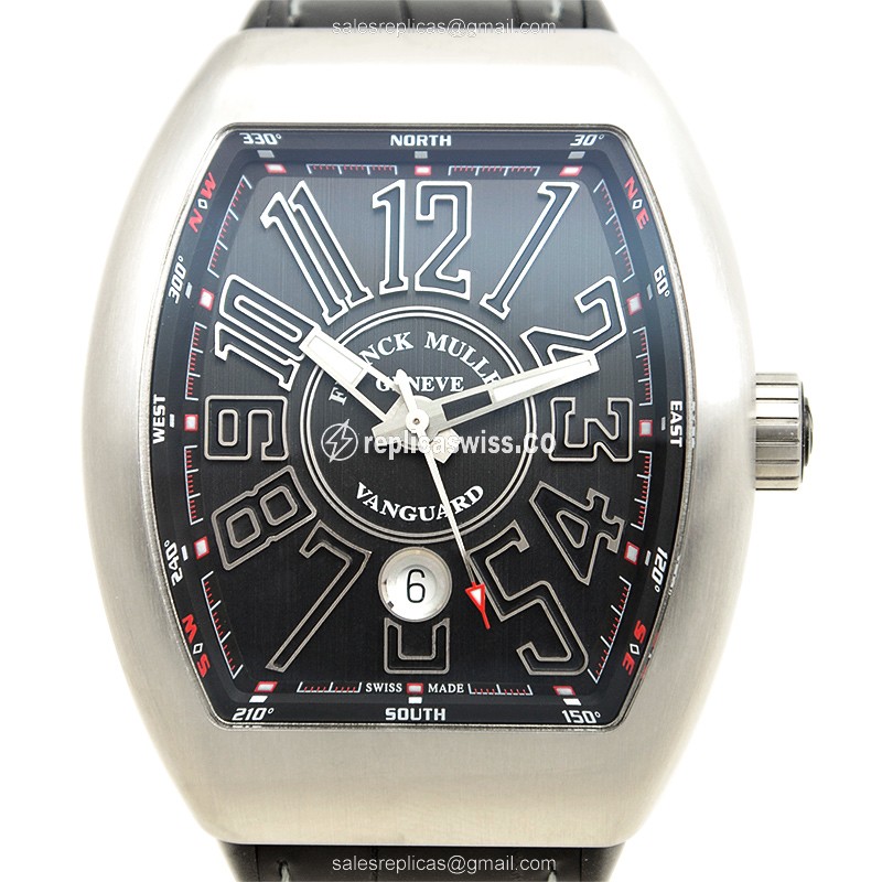 Black Dial Franck Muller Vanguard Steel Automatic, Genuine Leather Strap & Sapphire Crystal Watch