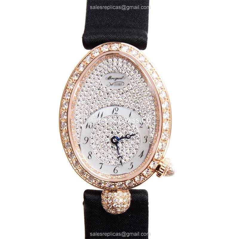 Breguet Reine De Naples Replica in 18kt Rose Gold, Automatic Movement, Silver Dial & Black Fabric