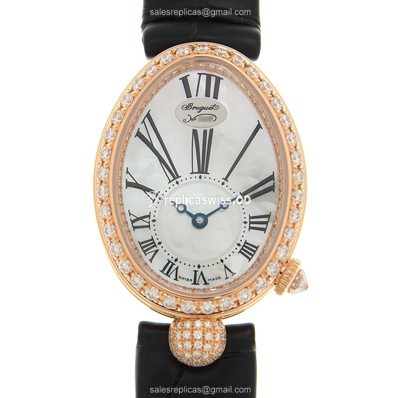 Breguet Reine De Naples Replica in 18kt Rose Gold with White Dial Alligator Strap Watch