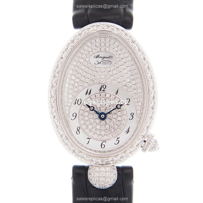 Breguet Reine De Naples Replica in 18kt White Gold, Automatic Movement, Silver Dial & Black Leather