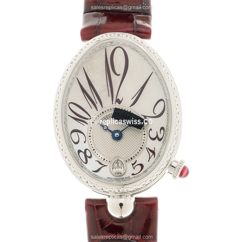 Breguet Reine De Naples Replica in White Gold, Automatic Movement, Alligator Strap Watch