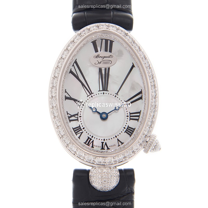 Breguet Reine De Naples Replica in White Gold & Diamond Dial, Automatic Movement & Leather Strap