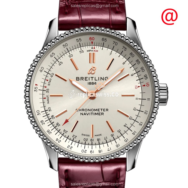 Breitling A17395F41G1P2 Aviation Replica, Automatic Movement, Silver Dial & Red Alligator Strap
