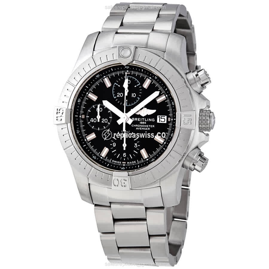 Breitling Avenger II Automatic Steel Case Black Dial Silver Clasp Steel Strap Sapphire Crystal Watch