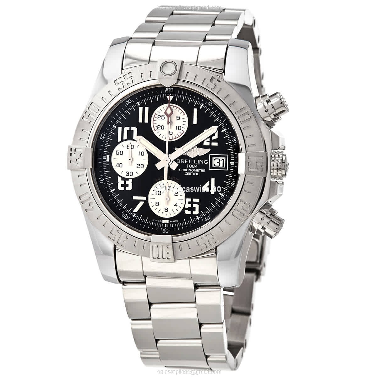 Breitling Avenger II Automatic Steel Case Black Dial Silver Clasp Steel Strap Sapphire Crystal Watch