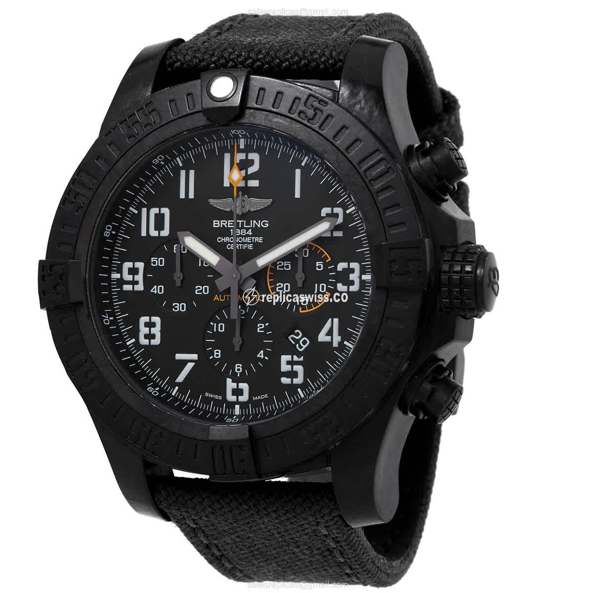 Breitling Avenger II Replica in Black Fiber Case, Automatic Movement, Black Canvas Strap Watch