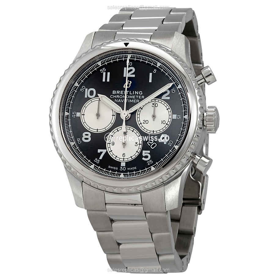 Breitling Aviator 8 Automatic Black Dial Replica, Steel Case & Silver Strap Watch