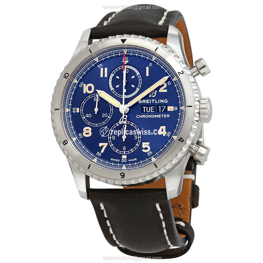 Breitling Aviator 8 Automatic Blue Dial Steel Case Watch with Black Cowhide Strap