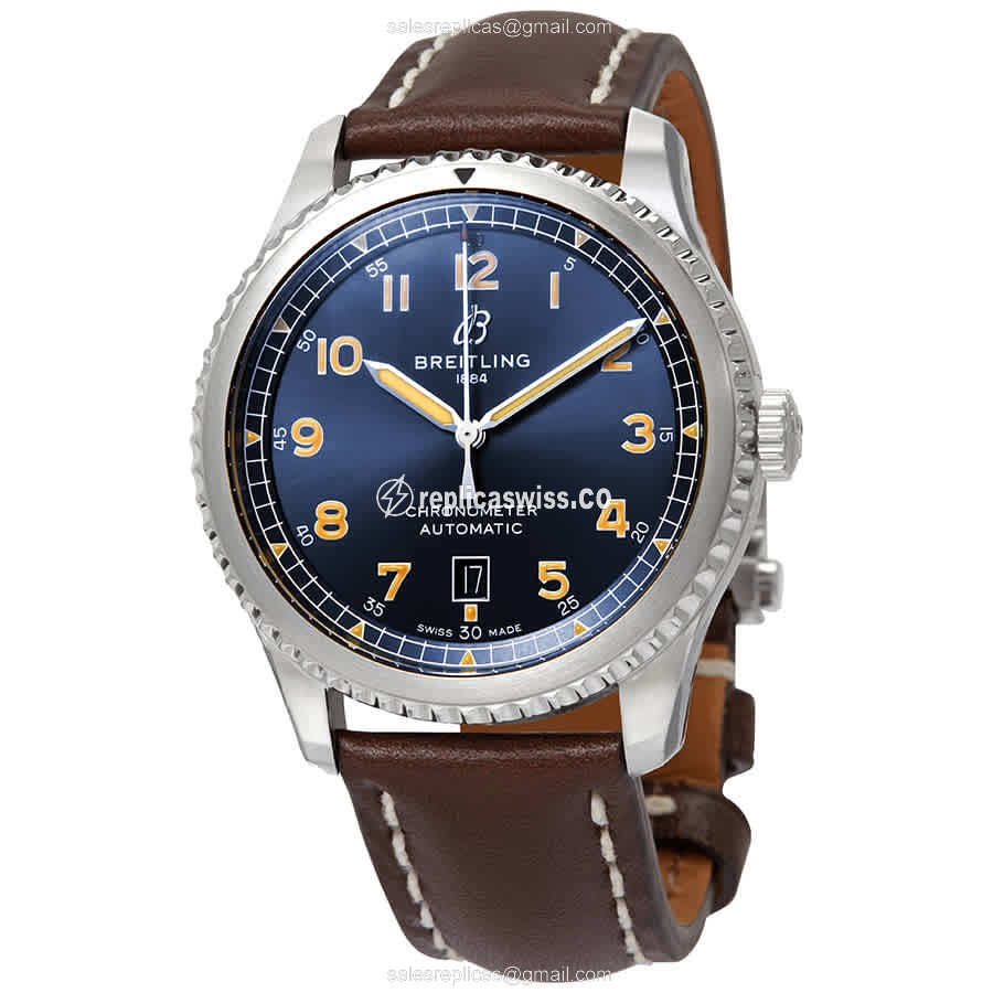 Breitling Aviator 8 Automatic Replica | Blue Dial, Steel Case, Brown Cowhide Strap Watch