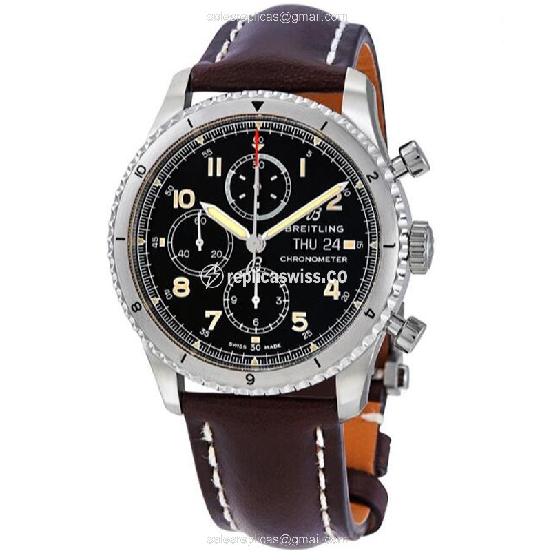 Breitling AVIATOR 8 Replica, Automatic, Black Dial, Stainless Steel Case, Brown Cowhide Strap Watch